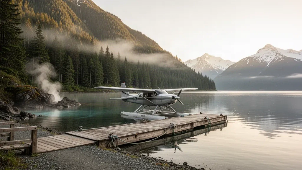 Idrovolante ormeggiato a un pontile galleggiante in legno in acque calme alla base per idrovolanti di Baranof Warm Springs, Alaska sudorientale, con montagne boscose e nebbiose