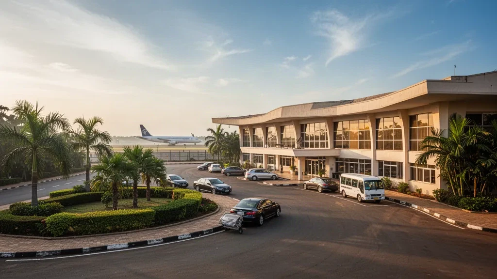 Nijerya'daki Benin Havalimanı'nda sıcak öğleden sonra ışığı altında modern terminal binası ve indirme bölgesi