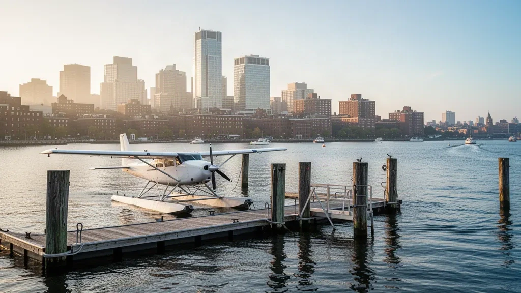 Hidroavión amarrado en el muelle de la base de hidroaviones de Boston Harbor con el horizonte urbano al fondo bajo una calmada luz dorada de la mañana