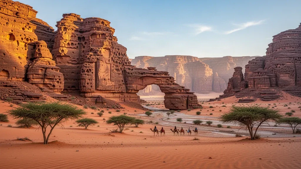 Arcos de arenisca y cañones del macizo de Ennedi en el desierto del Sahara de Chad bajo una cálida luz de tarde