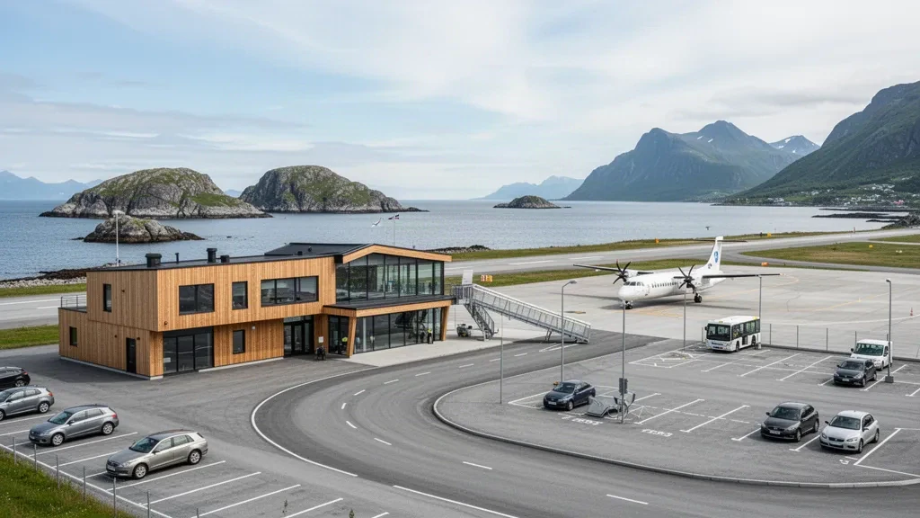 Terminal moderna de madera y cristal con una pista costera en el aeropuerto de Brønnøysund, Brønnøy, Noruega, rodeada de mar y montañas