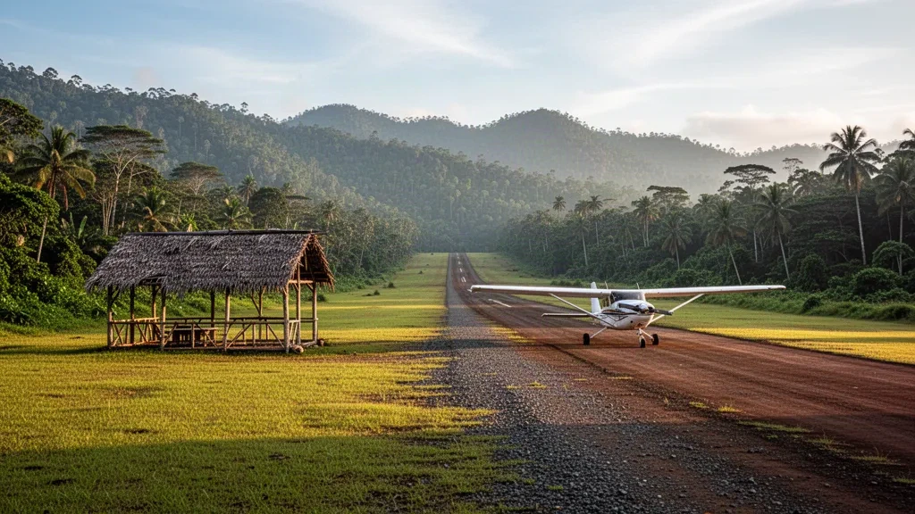 Pista di atterraggio tropicale remota presso l'aeroporto di Bodinumu in Papua Nuova Guinea, con un piccolo aereo accanto alla pista erbosa e le verdeggianti creste collinari sullo sfondo.