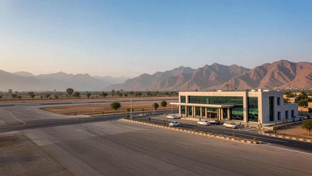 Extérieur moderne du terminal de l'aéroport de Bannu au Pakistan, avec une piste dégagée, des routes d'accès et des montagnes au loin sous une lumière chaude.