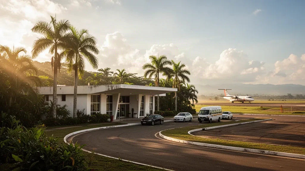 Flaches Terminal und Vorfahrtspur am Flughafen Barinas in Venezuela, eingerahmt von tropischen Palmen im warmen Licht des späten Nachmittags.