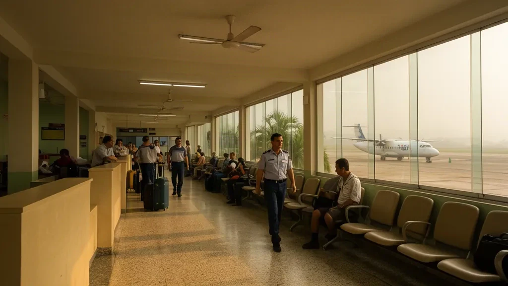 Interior de la terminal del Aeropuerto de Barinas en Venezuela con mostradores de facturación, asientos de espera y cálida luz tropical
