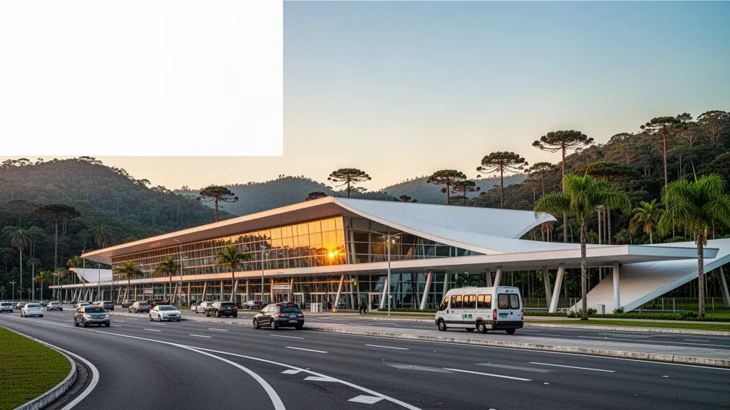 Modern glass terminal exterior at Blumenau Airport in Santa Catarina, Brazil, at golden hour with a curbside drop-off lane and green valley hills