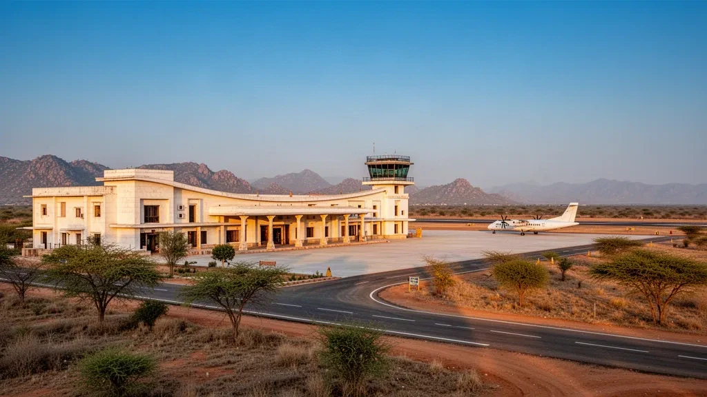 Kleines Terminal aus Sandstein und Landebahn am Flughafen Bundi in Rajasthan, Indien, im goldenen Licht der Abendstunde mit trockenen Hügeln im Hintergrund