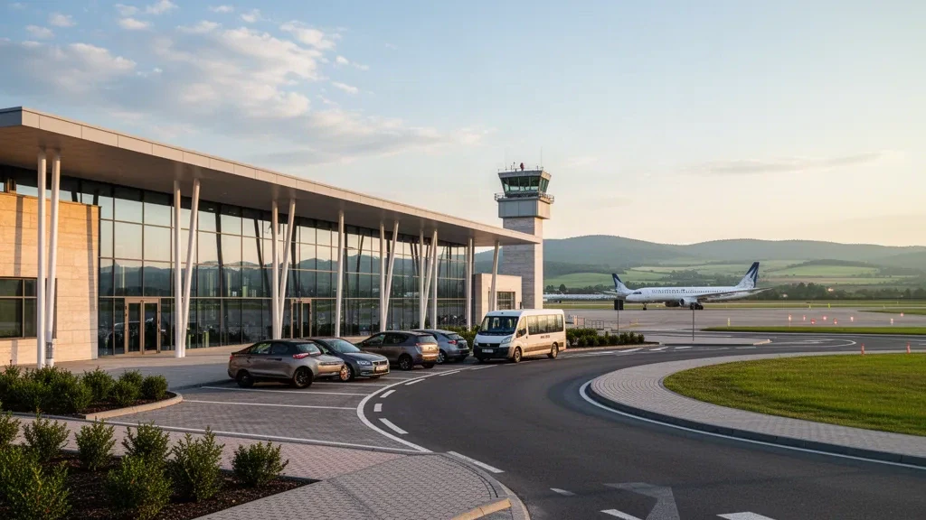 Esterno moderno del terminal in vetro e corsia di sosta all'Aeroporto Internazionale di Banja Luka in Bosnia durante l'ora d'oro, con aerei parcheggiati e colline verdi sullo sfondo