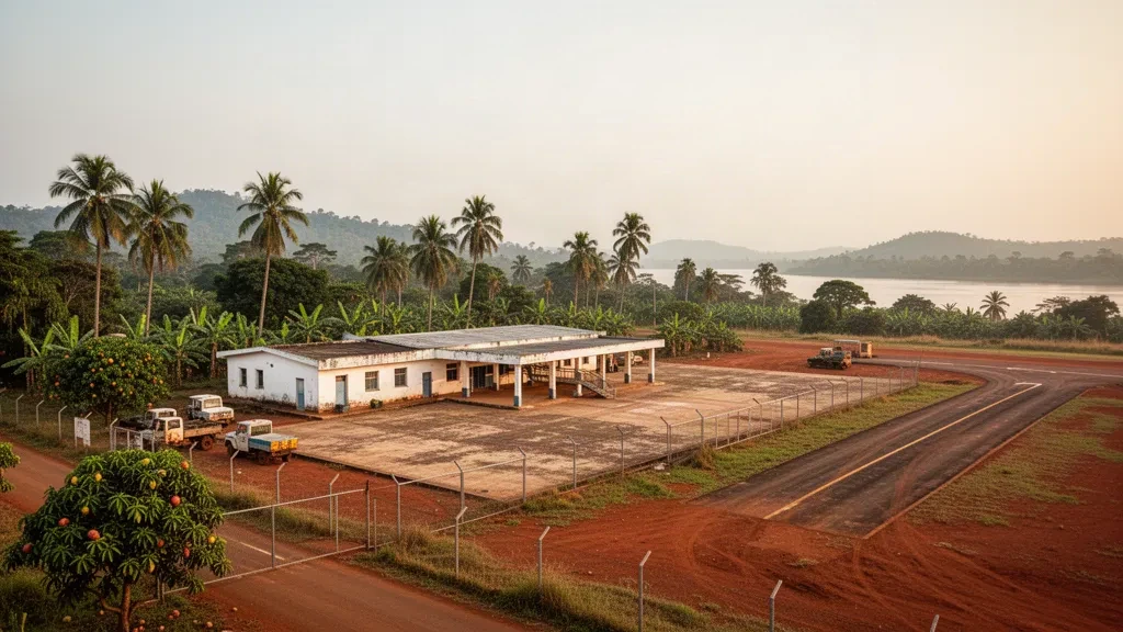 Terminal de baja altura y plataforma flanqueada por palmeras en el aeropuerto de Boma, en Kongo Central, RDC, bajo una cálida luz tropical de tarde