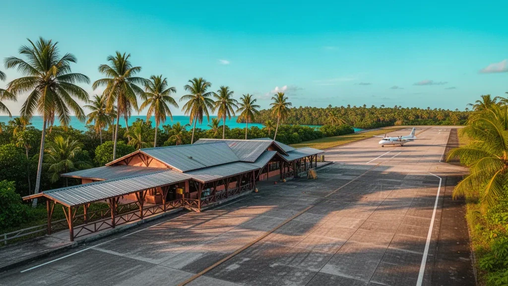 Tropical island airport terminal and runway at Bocas del Toro Isla Colón in Panama, framed by palms and Caribbean vegetation