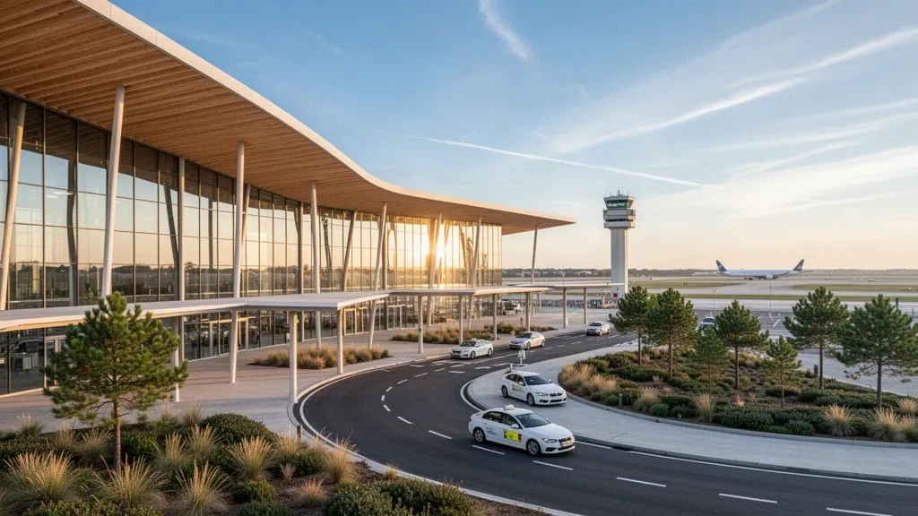 Moderne Flughafenterminalfassade aus Glas und Holz mit Vorfahrspuren am Flughafen Bordeaux-Mérignac im Licht der goldenen Stunde