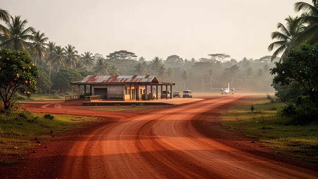 Pista de laterita roja y pequeña terminal tropical en el aeropuerto de Boundji, en la República del Congo, rodeados de palmeras bajo la cálida luz de la tarde.