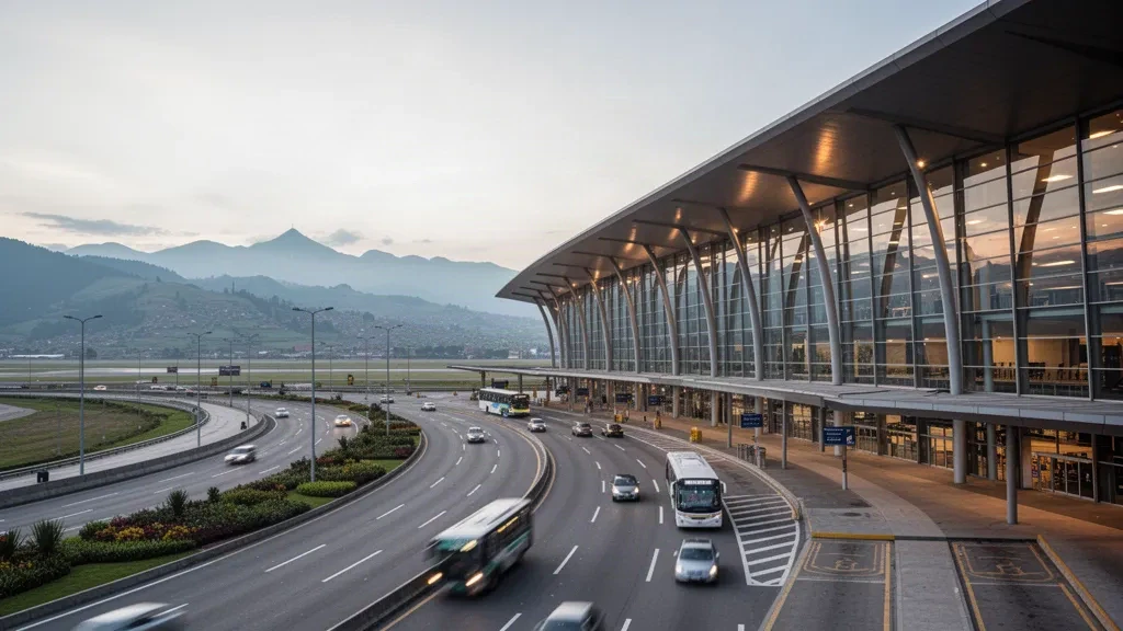 Façade moderne en verre du terminal et voies de dépose à l'aéroport international El Dorado de Bogotá, avec les montagnes andines en arrière-plan