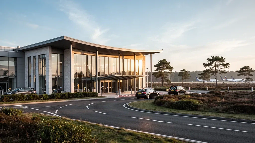Modern glass airport terminal exterior with a drop-off lane and pine treeline near Bournemouth in Dorset at golden hour.