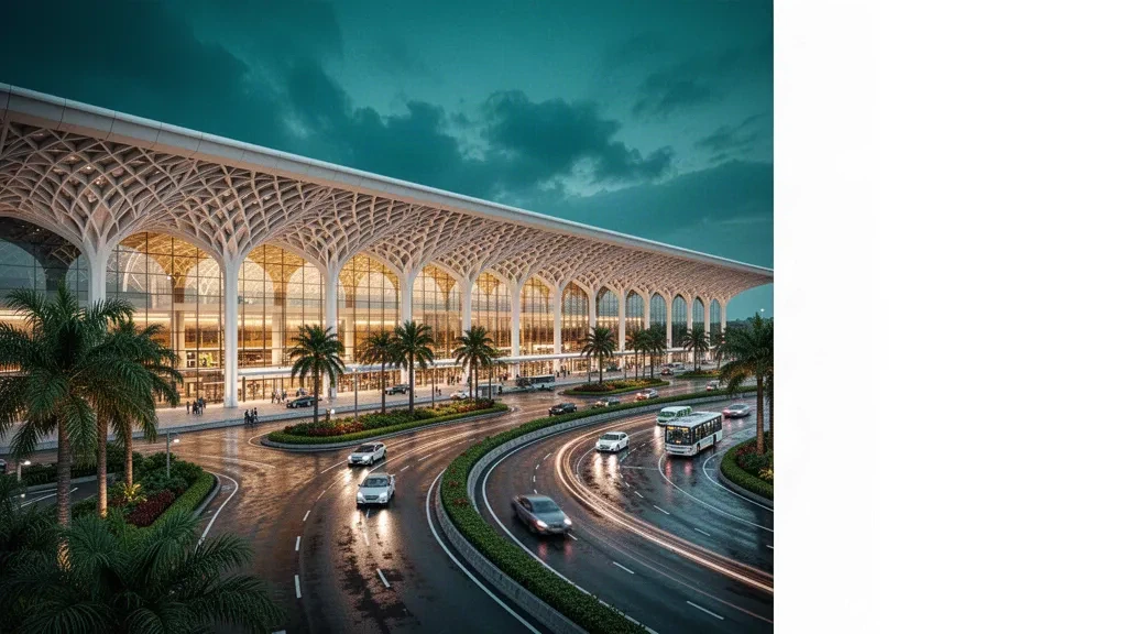 Façade moderne en verre du terminal de l'aéroport international Chhatrapati Shivaji Maharaj à Mumbai illuminée au crépuscule, le long d'une voie d'accès surélevée de l'aéroport
