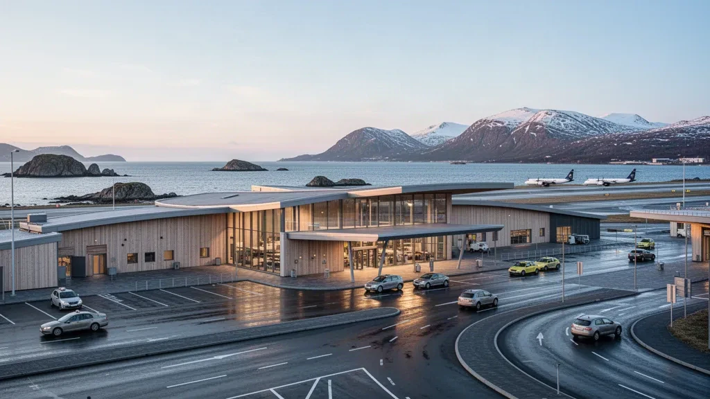Modern glass terminal and drop-off lanes at Bodø Airport in Norway, framed by coastal mountains at golden hour