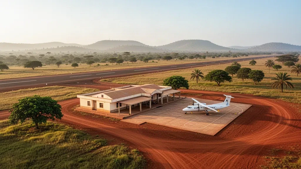 Vista cálida durante la hora dorada de la pista, la plataforma y la modesta terminal del aeropuerto de Bouar en la República Centroafricana