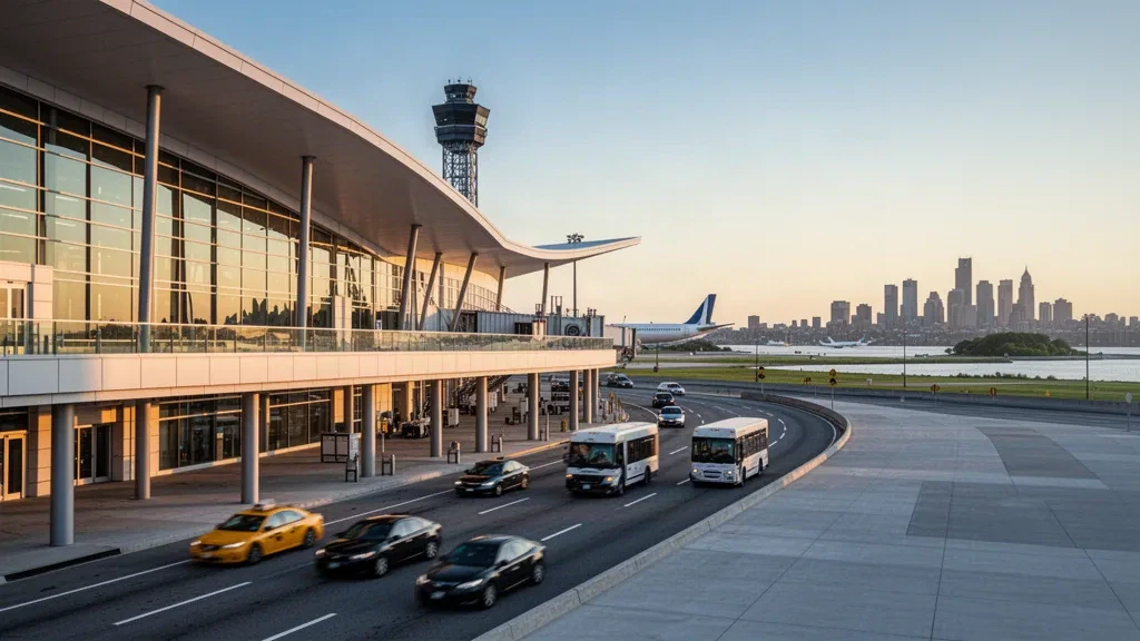 Exterior moderno de terminal de vidrio en el Aeropuerto Internacional Boston Logan con el puerto, la pista de rodaje y el horizonte de la ciudad de Boston en la hora dorada