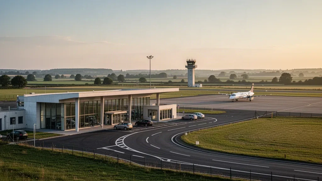 Terminal vitré de faible hauteur et tarmac de l'aéroport de Bourges en France à l'heure dorée, avec route d'accès, voitures stationnées et petits avions