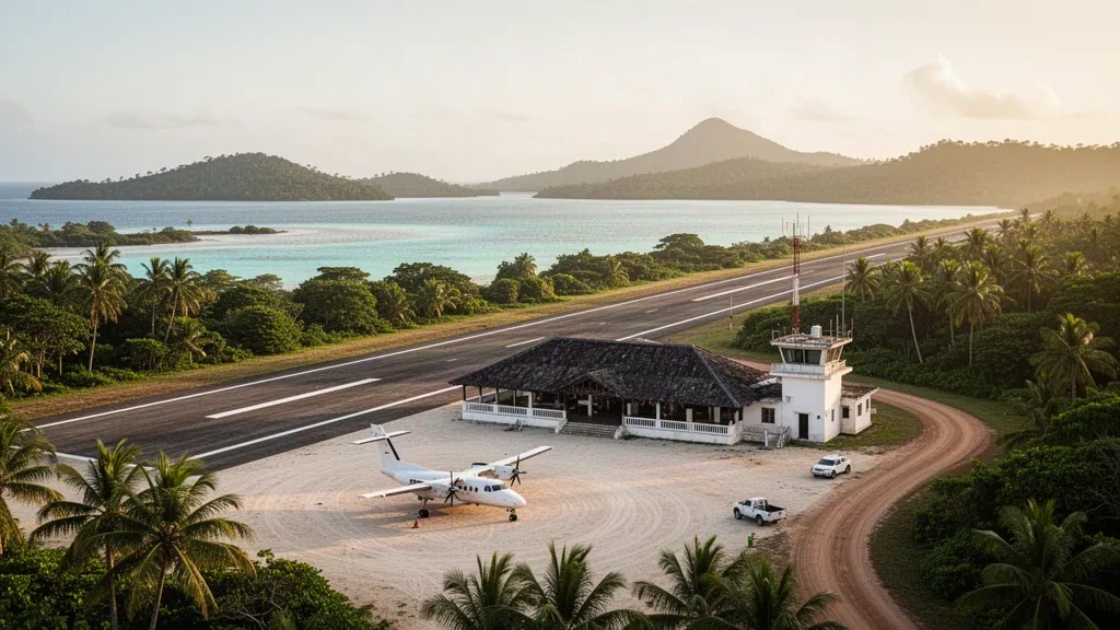 Aéroport de Boang sur une île tropicale du Pacifique, avec son modeste terminal à ciel ouvert, sa piste d'atterrissage, ses palmiers et son lagon turquoise à l'heure dorée