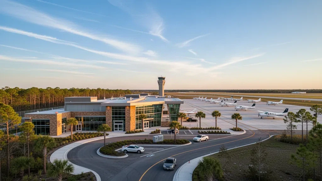 Vista al atardecer del Aeropuerto Ejecutivo de Bartow en Florida, donde se ven la terminal de aviación general, la plataforma y la calle de rodaje con aeronaves ligeras estacionadas