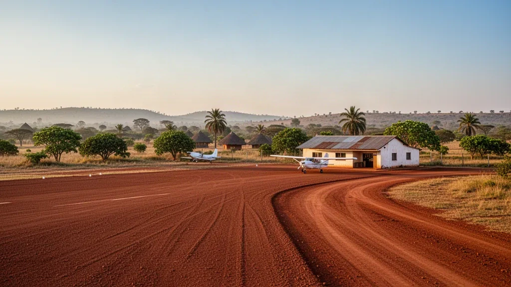 Pista rurale in laterite e piccolo edificio terminal presso l'Aeroporto di Bozoum nella Repubblica Centrafricana sotto una calda luce dorata