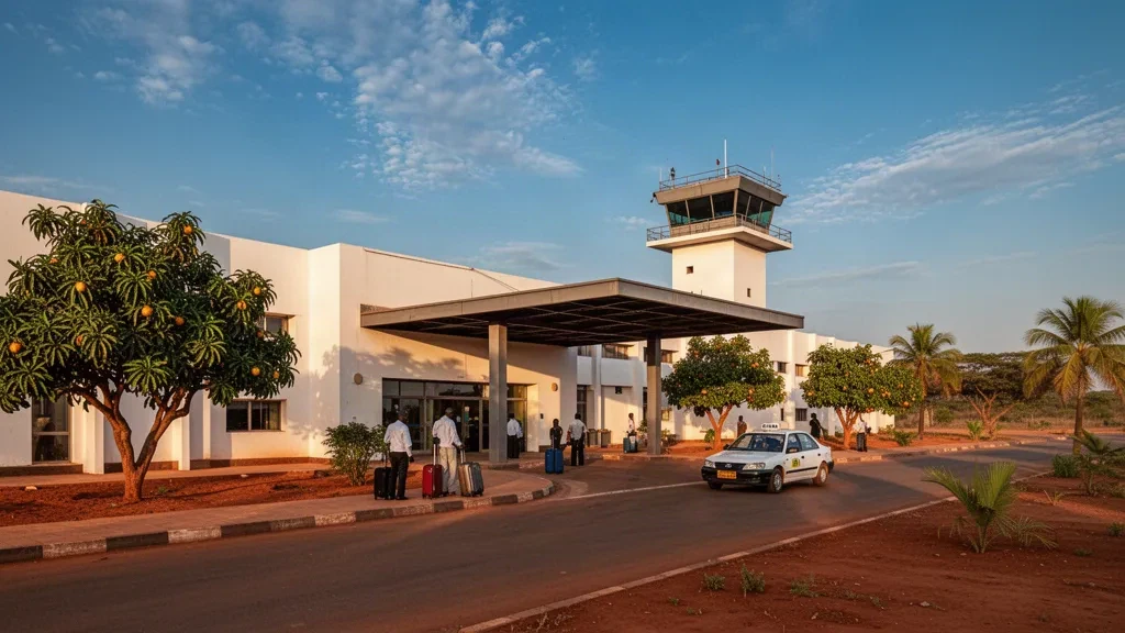 Terminal moderna y carril de descenso en el aeropuerto de Bobo-Dioulasso, Burkina Faso, a la hora dorada, con viajeros y espacio abierto para superposiciones del encabezado.