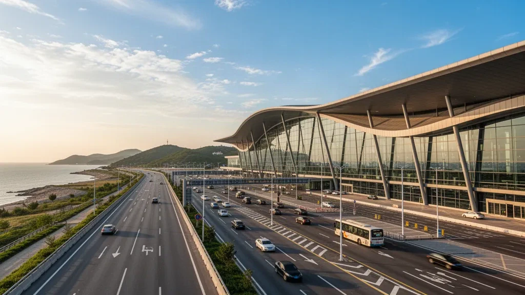 Modern glass terminal exterior at Qinhuangdao Beidaihe Airport during golden hour, with access roads and drop-off lanes