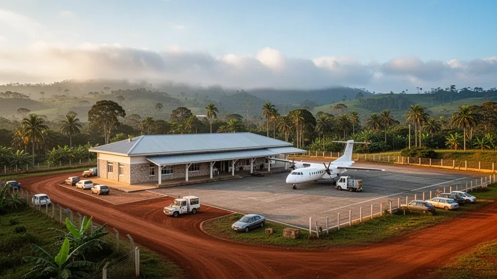 Terminal e piazzale dell'aeroporto di Bamenda sugli altopiani verdi del Camerun, con un aereo turboelica parcheggiato durante l'ora dorata