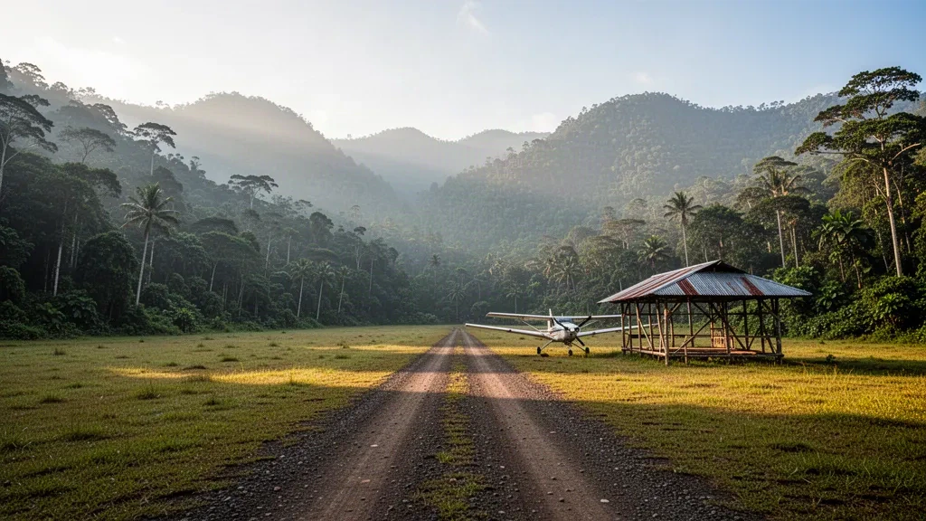 Pista remota de hierba sin pavimentar en el aeródromo de Bapi, en Papúa Nueva Guinea, rodeada de densa selva tropical y montañas brumosas de las tierras altas