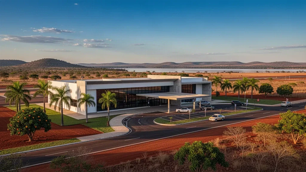 Modern terminal exterior and drop-off lane at Barra do Garças Airport in Mato Grosso, Brazil, lit by warm golden-hour sunlight.