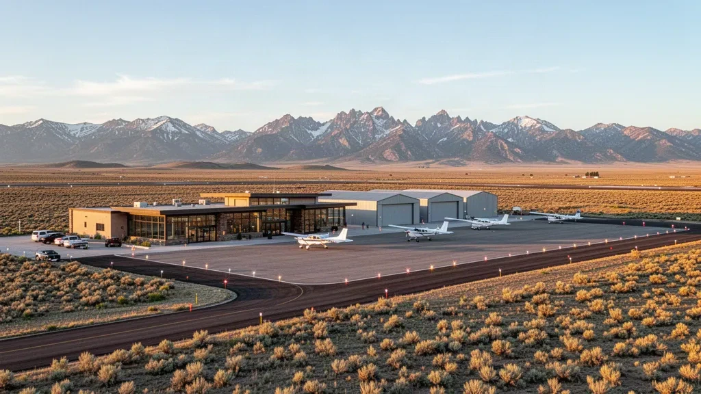 Miley Memorial Field in Big Piney, Wyoming, mit kleinem Terminal, Hangars, Start- und Landebahn und Bergblick zur goldenen Stunde.