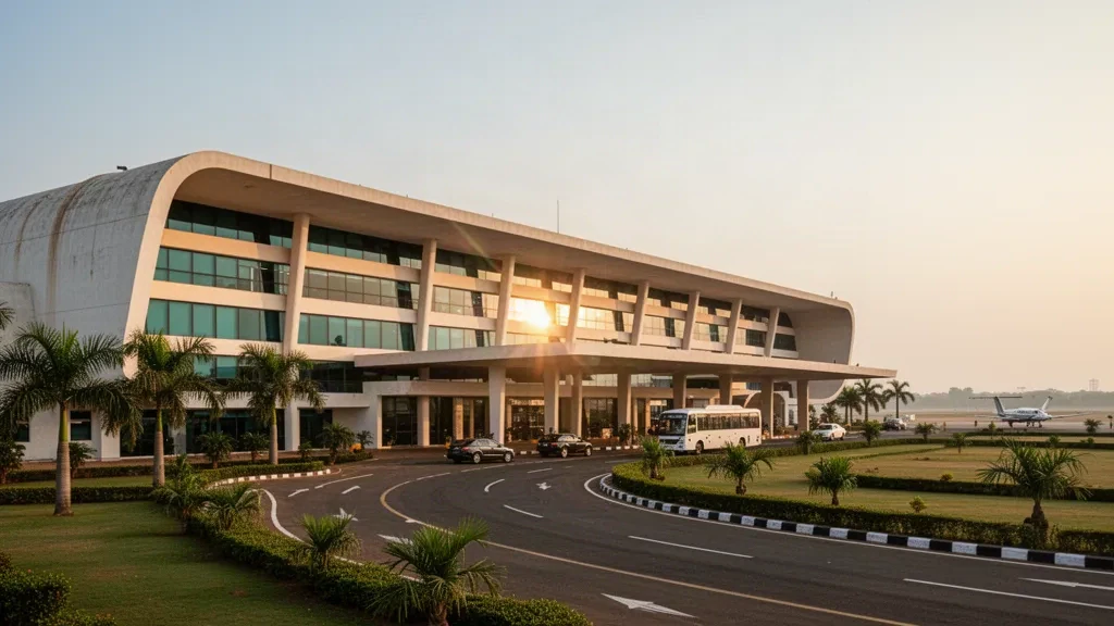 Begumpet Airport terminal facade and drop-off forecourt in Hyderabad at golden hour, with palms, glass frontage and open sky.