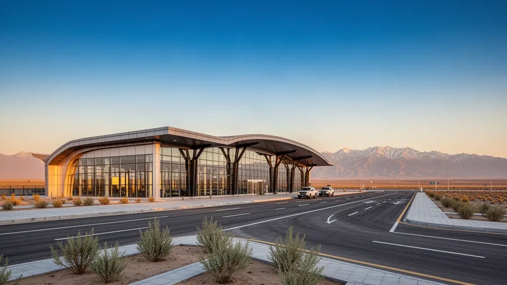 Exterior moderno de terminal de cristal en el aeropuerto de Bole Alashankou en Xinjiang, con vías de acceso despejadas y las montañas Tianshan a la hora dorada