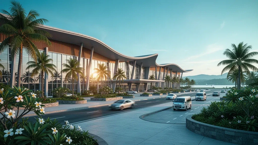 Modern curved glass terminal exterior at Sultan Aji Muhammad Sulaiman Sepinggan International Airport in Balikpapan at golden hour