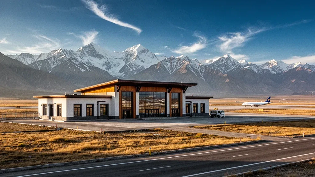 Modern terminal at Qamdo Bamda Airport on the Tibetan Plateau, framed by snow-dusted Himalayan peaks under a clear high-altitude sky.
