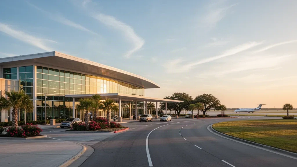 Vue à l'heure dorée d'un terminal d'aéroport régional moderne dans le sud-est du Texas avec une verrière de dépose-minute, une voie d'accès et un avion régional stationné.