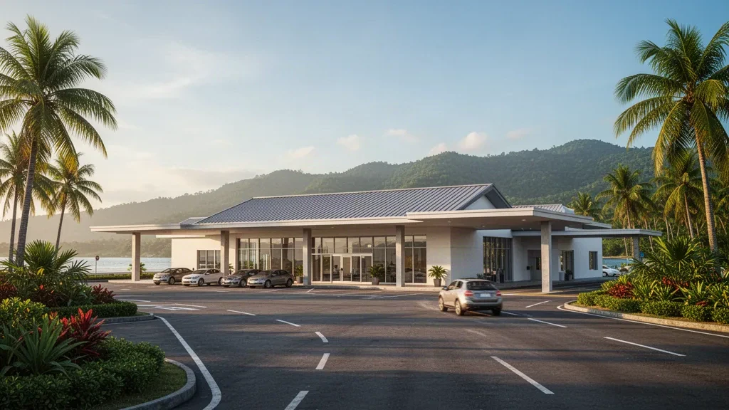 Modern terminal and drop-off area at Dr. Juan C. Angara Airport in Baler, Aurora, framed by tropical palms in warm afternoon light