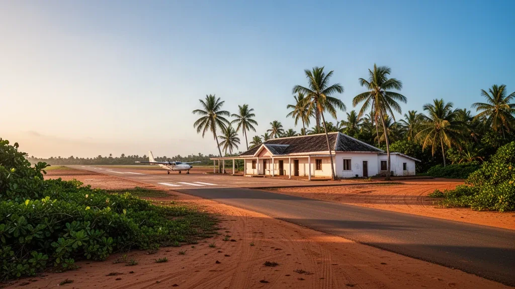 Bubaque Airport terminal and tropical runway on the Bijagos Islands, Guinea-Bissau, framed by palm trees and a light aircraft at golden hour.