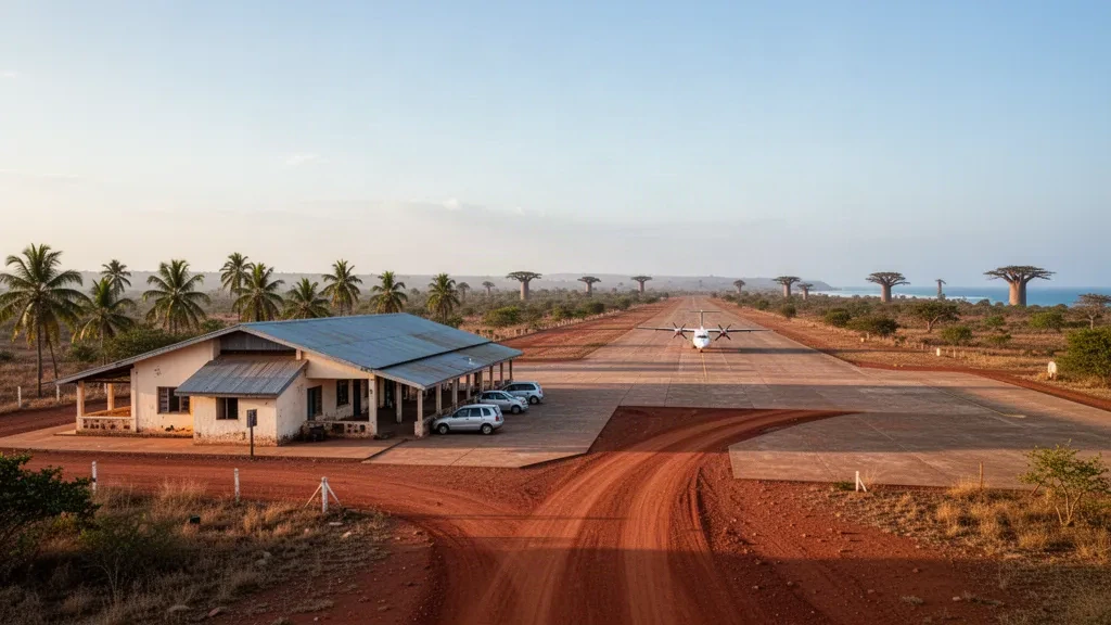 Petit terminal tropical et piste de l'aéroport de Besalampy à Madagascar, encadrés de palmiers dans une chaude lumière dorée côtière