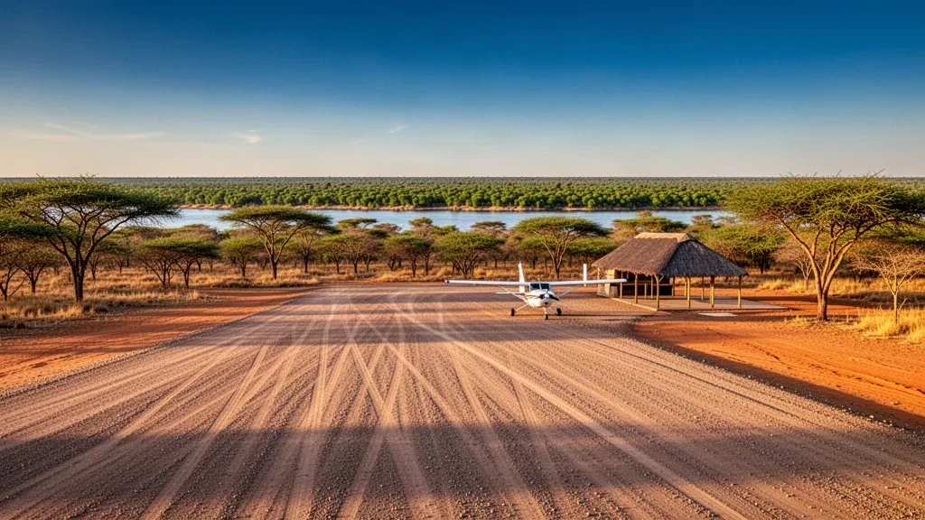 Small bush airstrip runway at Bagani Airport in Namibia's Kavango region, framed by riverine woodland at golden hour.