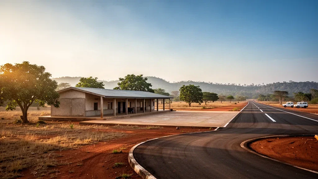 Low terminal building and open runway at Bouna Airport in northern Côte d'Ivoire under warm late-afternoon light.