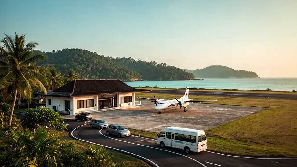 Banggai Laut, Orta Sulawesi'de altın saatte palmiye ağaçları ve tepelerle çevrili küçük ada havaalanı terminali, apron ve park halindeki turboprop uçak