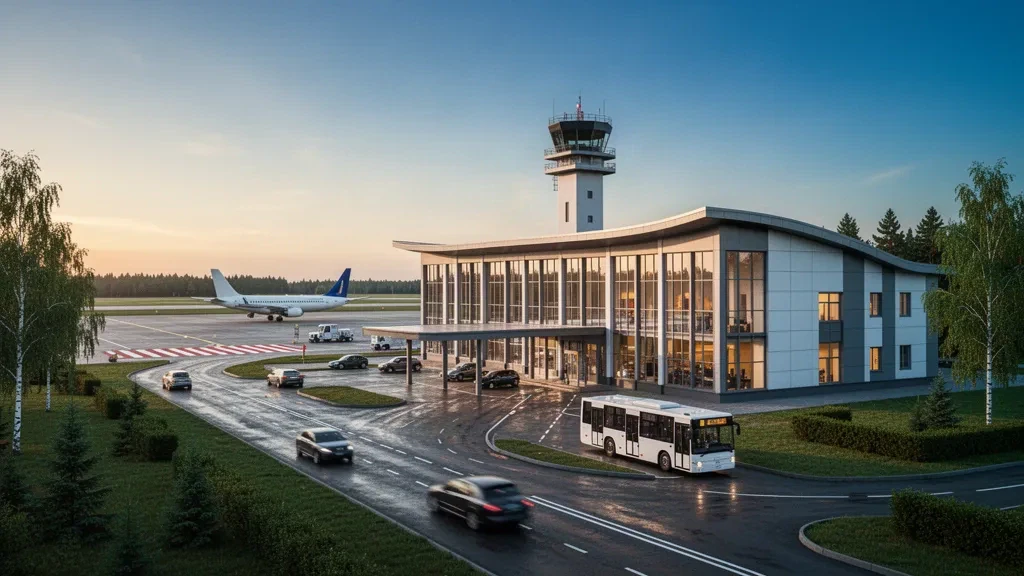 Terminal acristalada de baja altura y carril de descenso en el aeropuerto de Brest, en Bielorrusia, bajo la luz de la hora dorada, con un avión estacionado en la plataforma