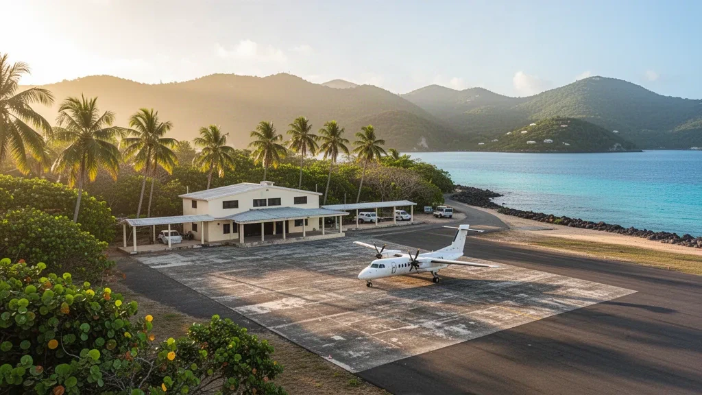 Piccolo terminal sull'isola e pista di atterraggio all'Aeroporto J.F. Mitchell a Bequia, con palme, acqua turchese dei Caraibi e un aeromobile leggero durante l'ora d'oro.
