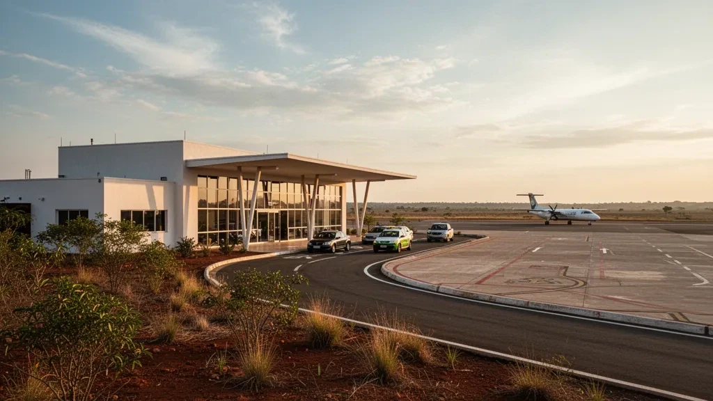 Terminal de poca altura, carril de descenso y plataforma en el aeropuerto de Barreiras, Bahía, Brasil, iluminados por la cálida luz del atardecer sobre el paisaje del cerrado