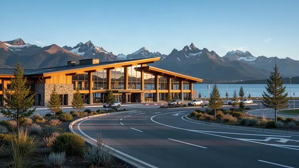 Modern terminal exterior at Teniente Luis Candelaria International Airport in Bariloche with Andes mountains and golden-hour light.