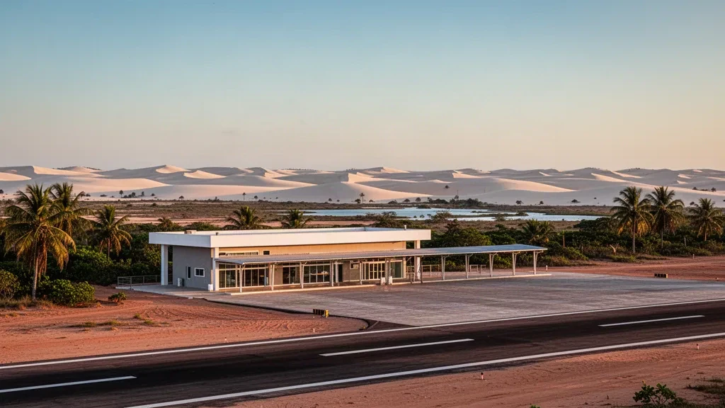 Barreirinhas National Airport terminal in Maranhão with white dunes of Lençóis Maranhenses behind at golden hour