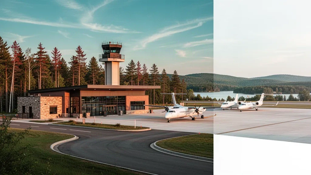 Minnesota'daki Brainerd Lakes Regional Airport'ta altın saatlerde çam ormanıyla çevrili, kontrol kuleli modern tek katlı terminal