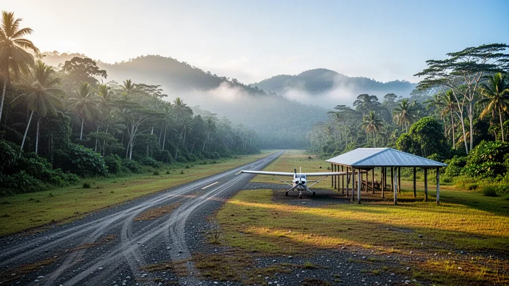 Remote Brahman Airstrip in Papua New Guinea, a narrow rainforest runway with a small propeller plane beneath misty tropical mountains.
